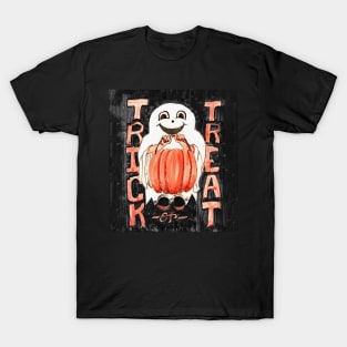 Trick or Treat Ghosty with Pumpkin Pail on Black Background T-Shirt